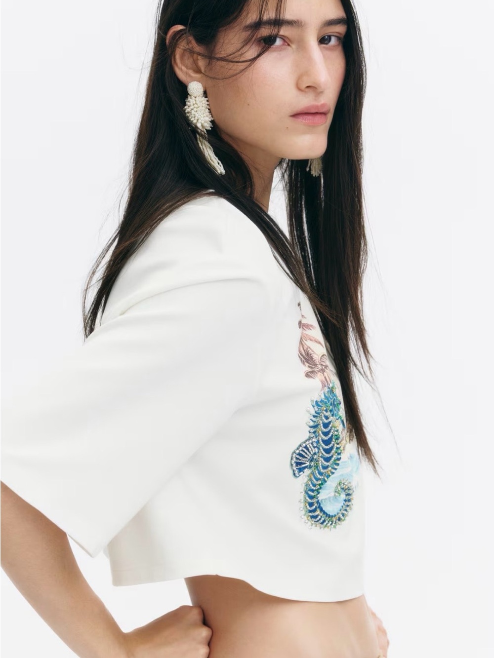 H&M Edition Size L Embellished Cropped T-Shirt(white/seahorses) NWT - Picture 5 of 10